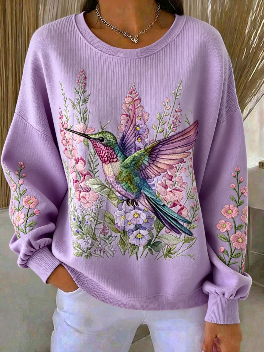 Kvindernes kolibriekunsttryk, ribbet sweatshirt med rund hals