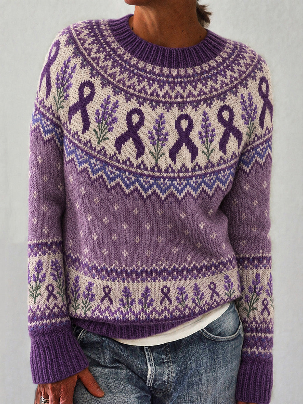 Damestrømpe med print af lilla blomster og lilla velgørenhedsbånd, casual langærmet sweater
