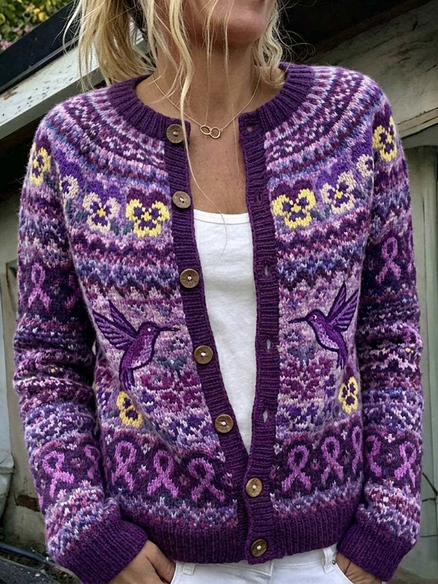 Kvinders vintage lilla bånd og kolibri-stueviol ø-mønster print cardigan
