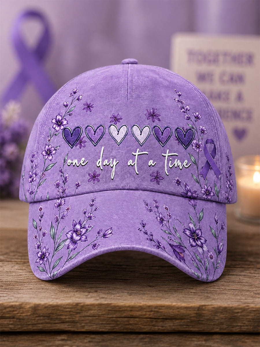 Unisex lilla hat med blomster- og Alzheimer-handskeri-print
