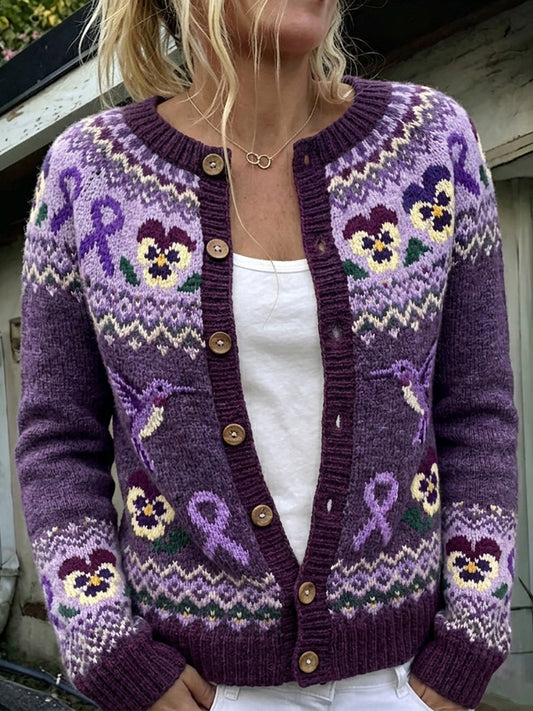 Kvinders vintage lilla bånd og kolibri-stueviol ø-mønster print cardigan