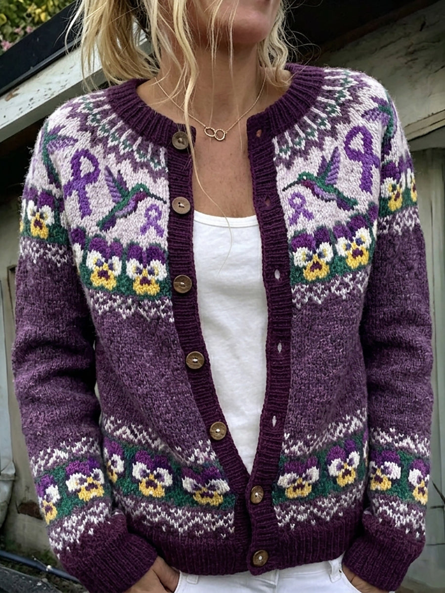 Kvinders vintage lilla bånd og kolibri-stueviol ø-mønster print cardigan