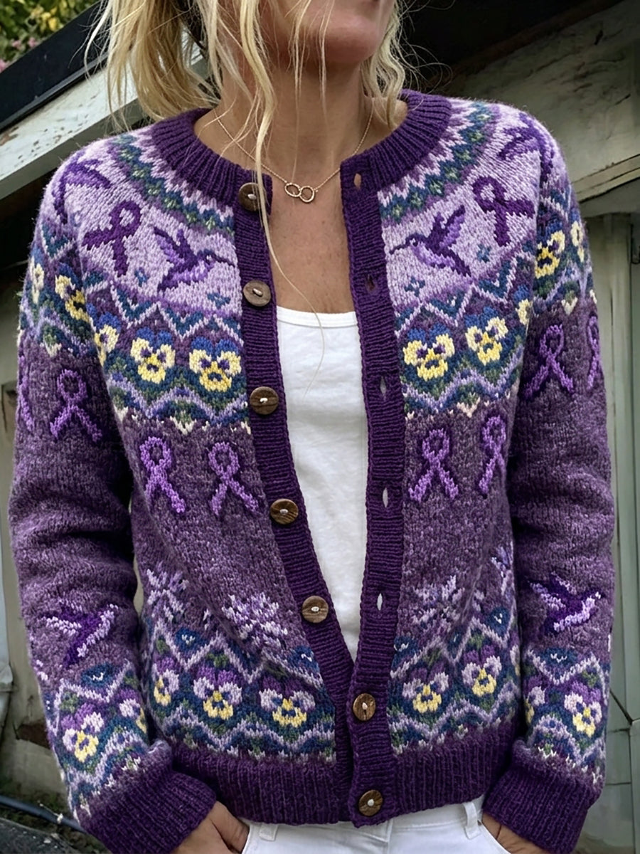 Kvinders vintage lilla bånd og kolibri-stueviol ø-mønster print cardigan