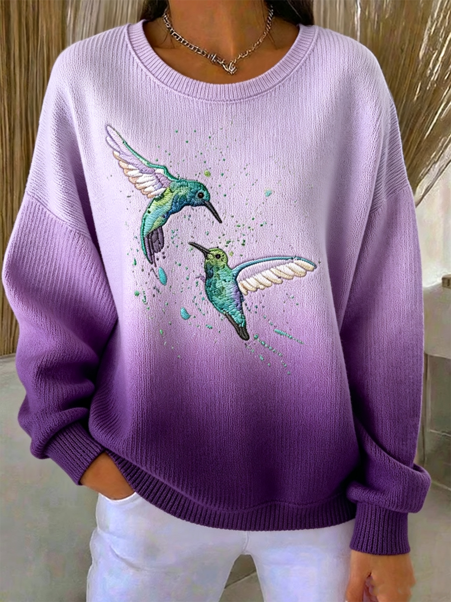 Kvindernes kolibriekunsttryk, ribbet sweatshirt med rund hals