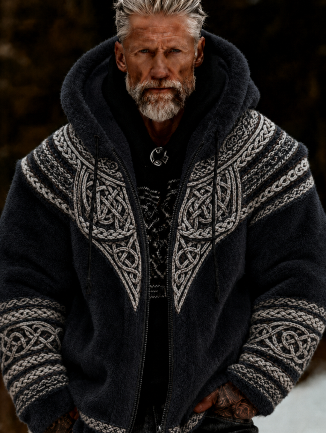 Mænds vikingisk-keltisk kunst plys hyggelig varm jakke med lynlås og hætte