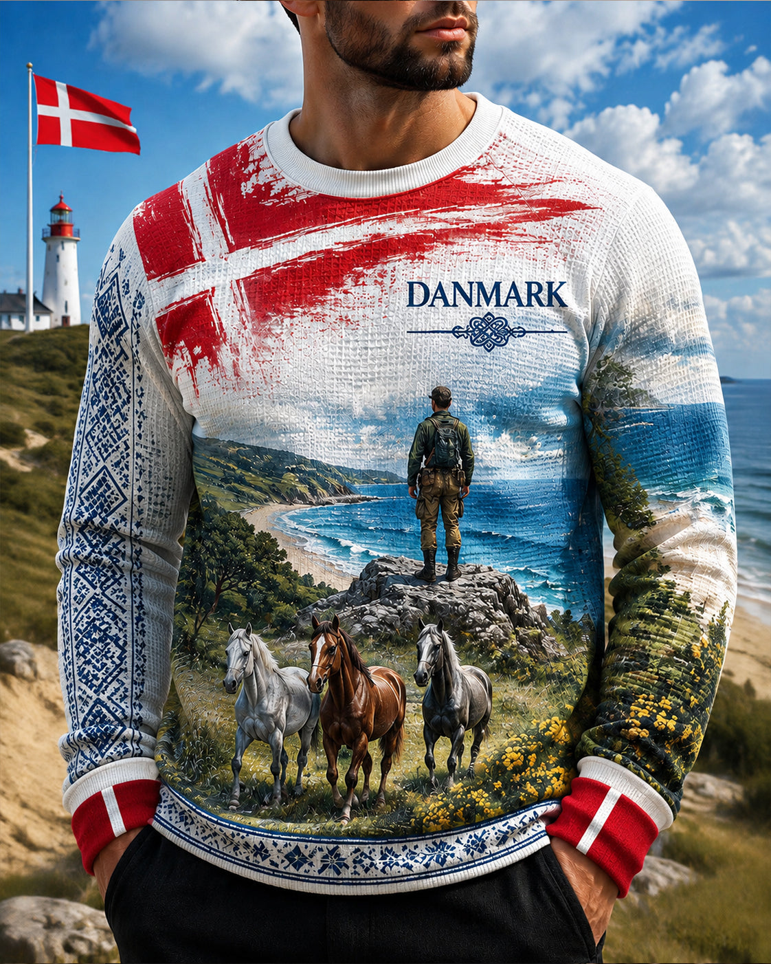 Mænds dansk Patriotisk Vaffel Langærme Sweatshirt