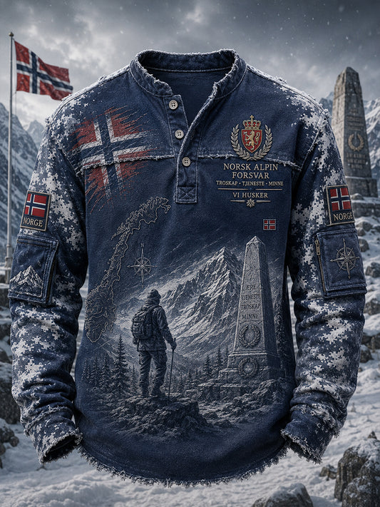 Herrtrøye med lange ermer, vintage-kamuflasje og militært inspirerte motiver