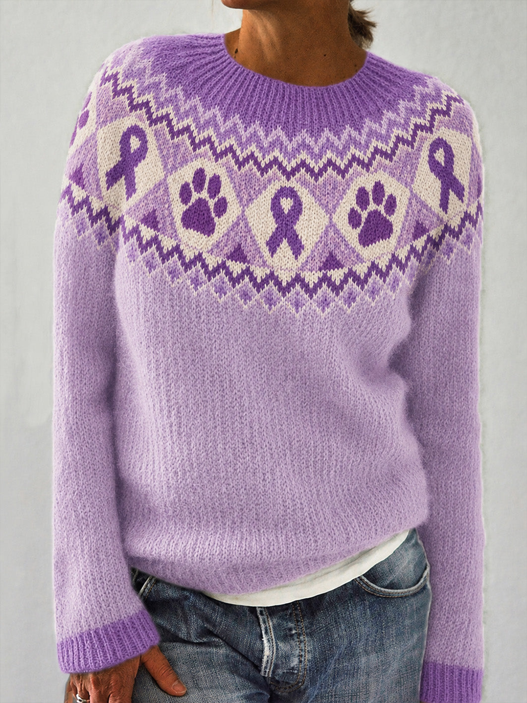 Kvinders søde hunde Paws og lilla velgørenhed Bånd Mønster trykt Casual Langærme Sweater.