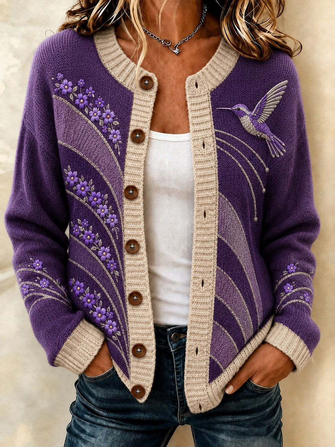 Kvinders Alzheimer-kartoffelblomst-printede hyggelige cardigan