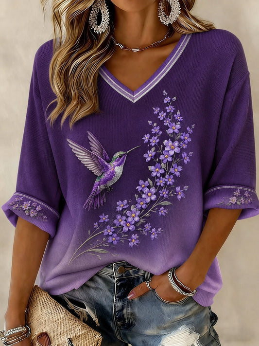 Kvinders Alzheimers sygdom blomsterprint mellemlangærmet t-shirt med V-udskæring