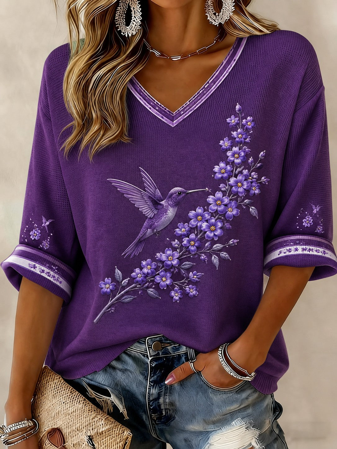 Kvinder Alzheimers sygdom Blomster Trykte midt-længde ærmer V-hals T-shirt