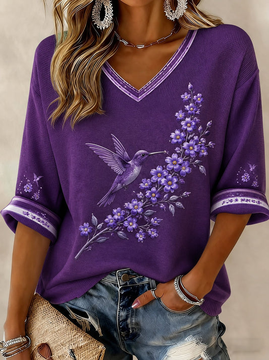 Kvinder Alzheimers sygdom Blomster Trykte midt-længde ærmer V-hals T-shirt
