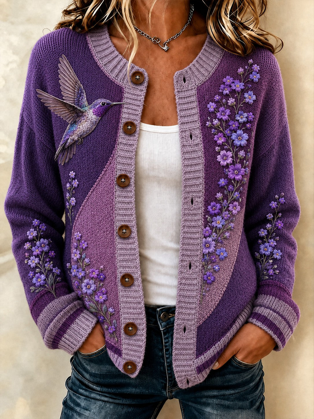 Kvinders Alzheimer-kartoffelblomst-printede hyggelige cardigan