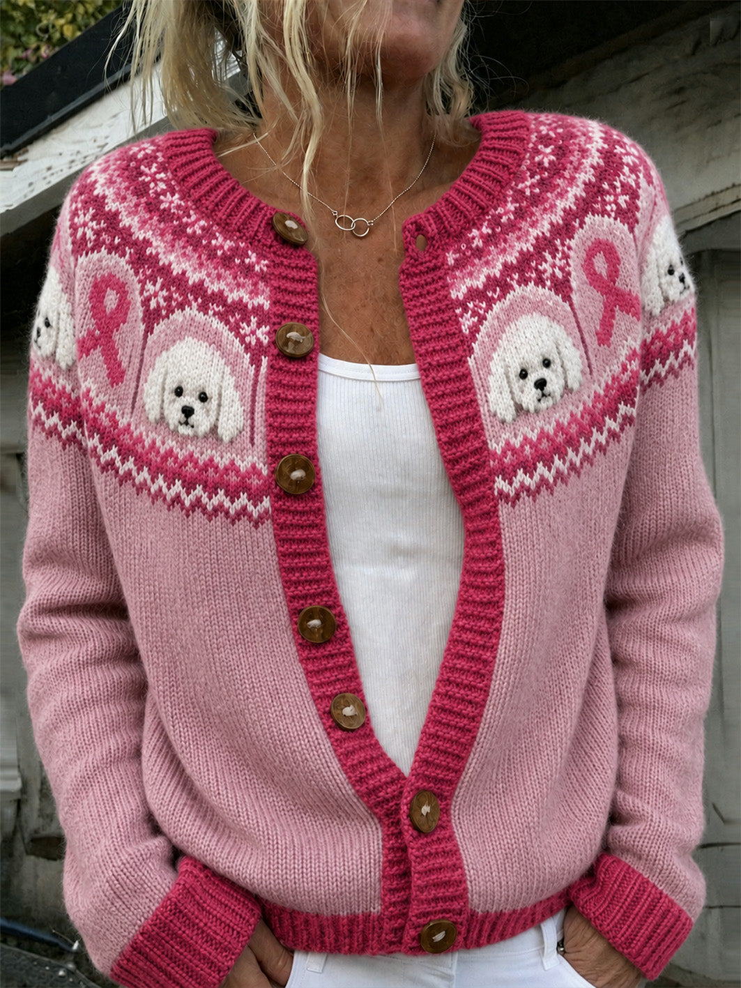 Kvinders søde hund og Pink Charity Ribbon Mønster trykt Casual Cardigan-Style Strik jakken