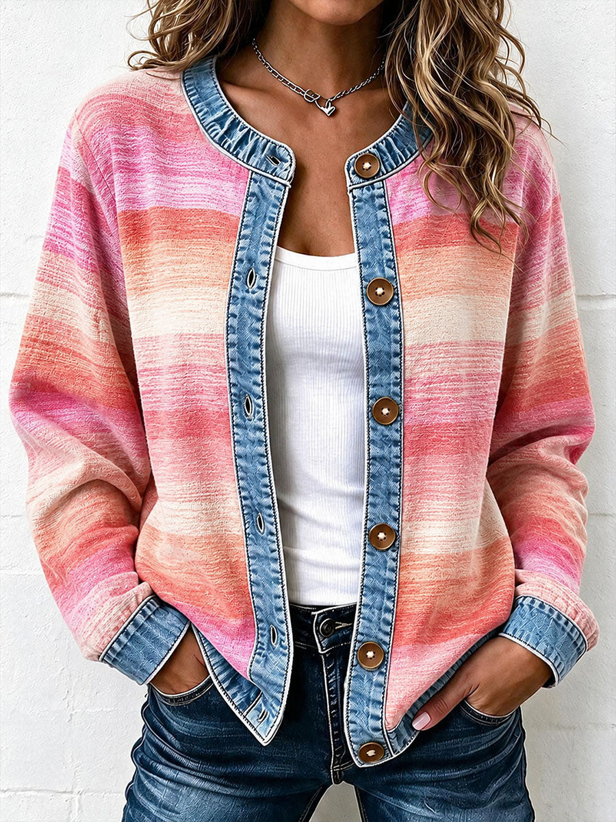 Kvinders stribet mønster Denim Patchwork Cardigan
