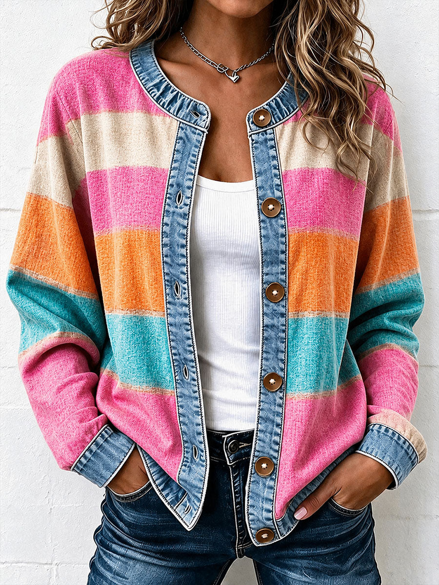 Damecardigan med striber og denimpatchwork