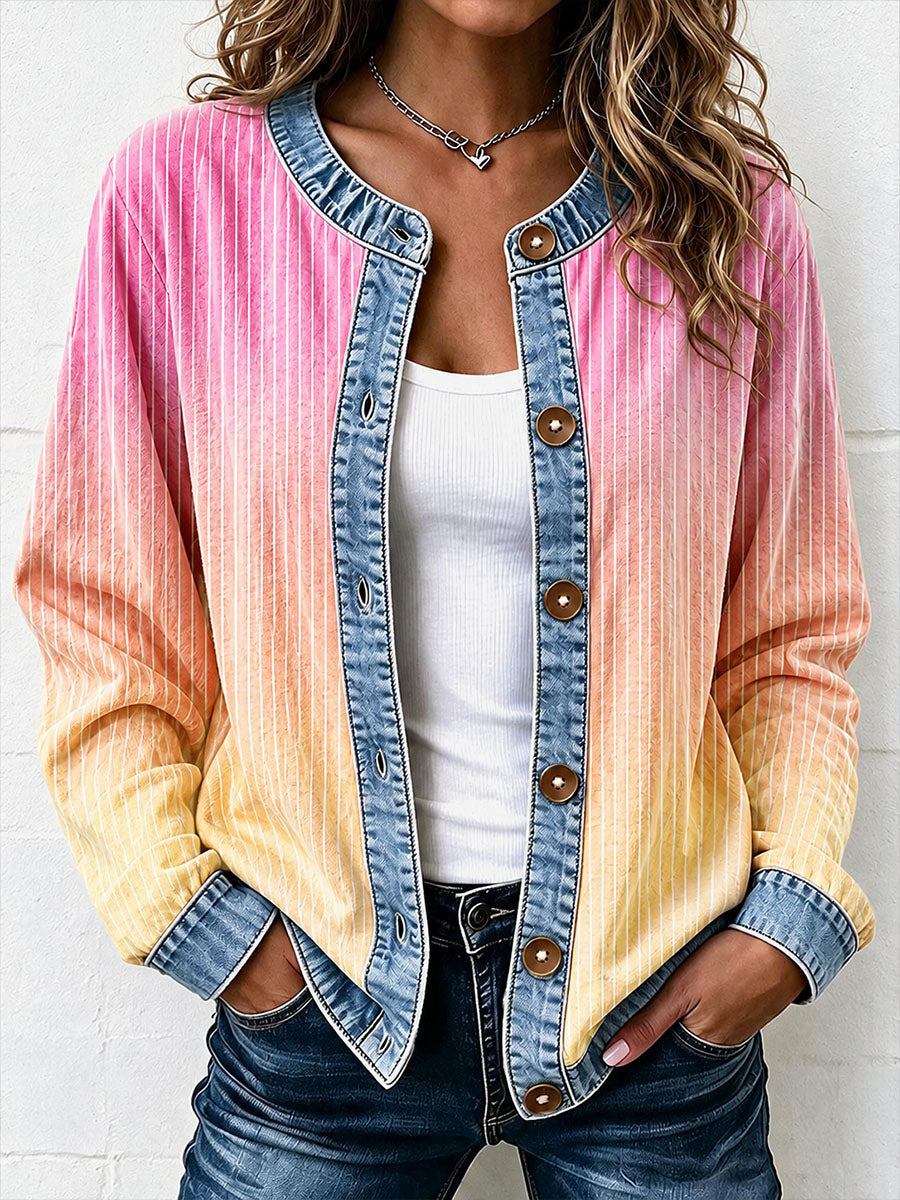 Damecardigan med striber og denimpatchwork
