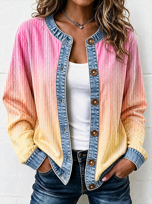Damecardigan med striber og denimpatchwork