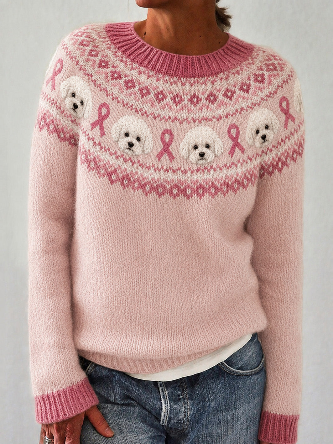 Kvinders søde hund og Pink Charity Ribbon Mønster trykt Casual Langærme Sweater.