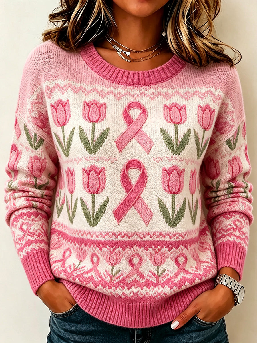 Kvinders Vintage Pink Ribbon & Tulip Isle mønster Print hyggelig sweater.