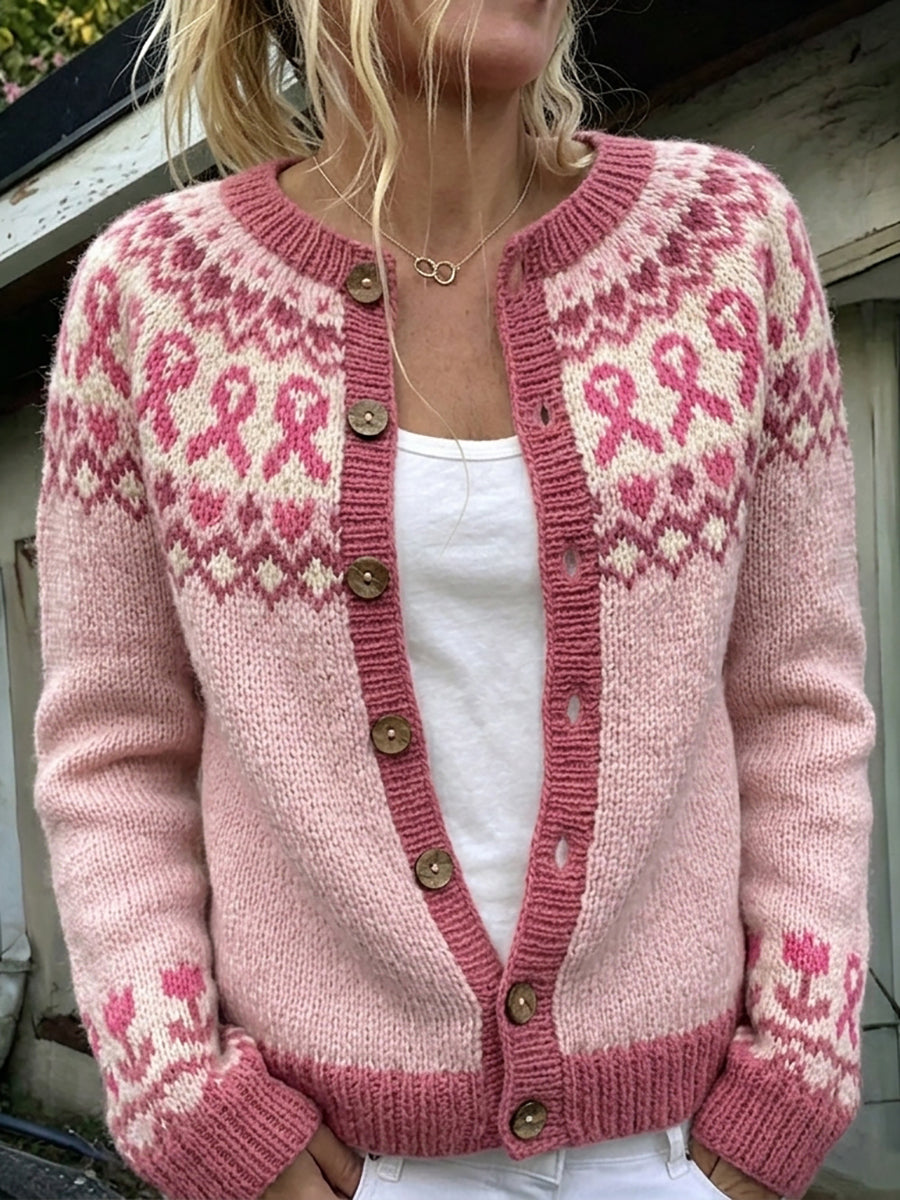 Kvinders vintage cardigan med lyserødt bånd og tulipanmønster