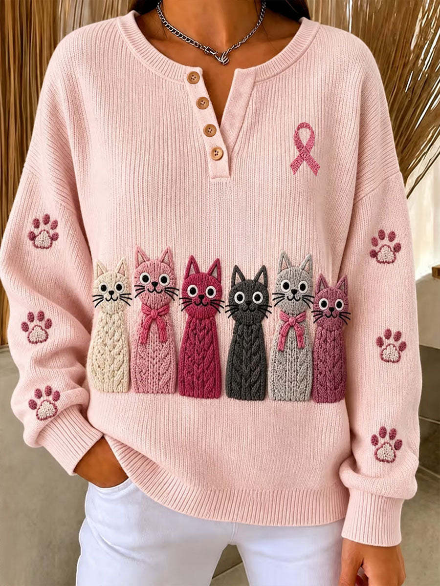Kvinders Pink Cat Print Langærme Cardigan