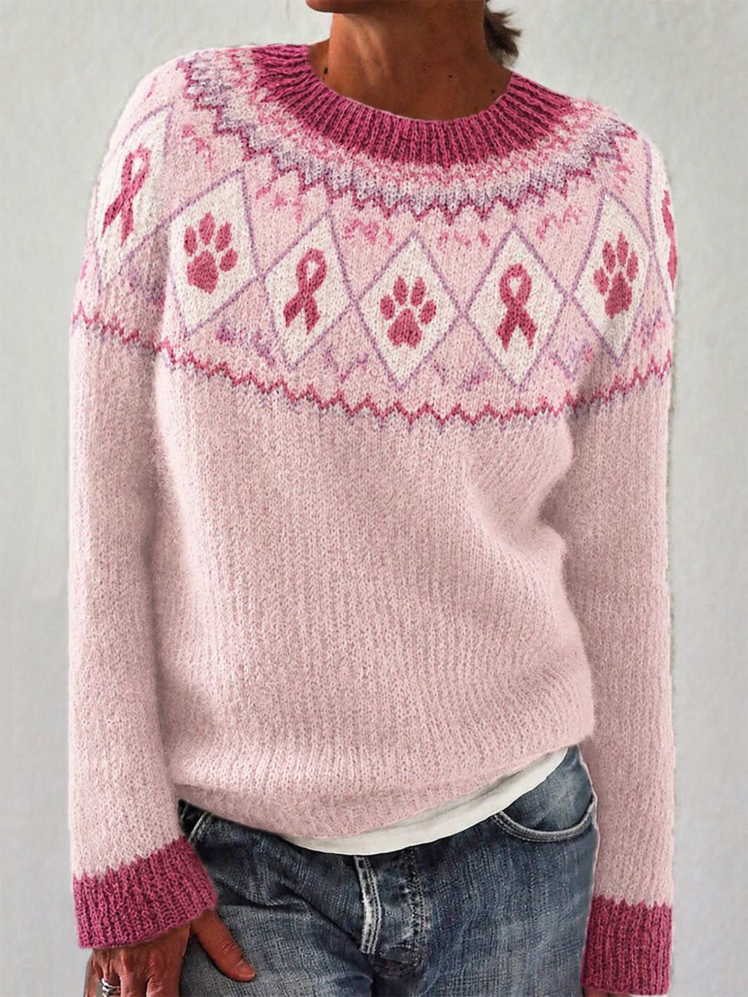Kvinders søde hunde Paws og Pink Charity Ribbon Mønster trykt Casual Langærme Sweater.