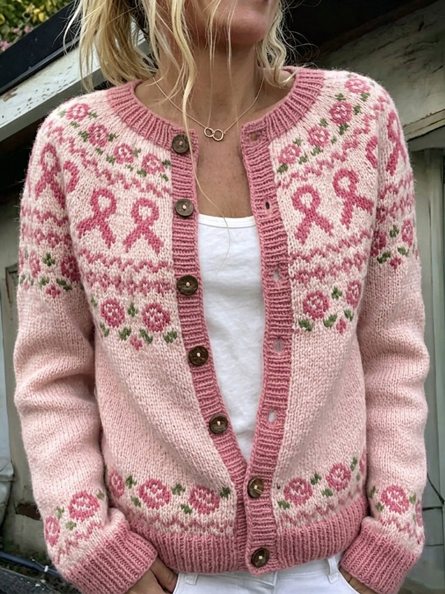Kvinders Vintage Pink Ribbon & RoseIsle Mønster Print hyggelig Cardigan