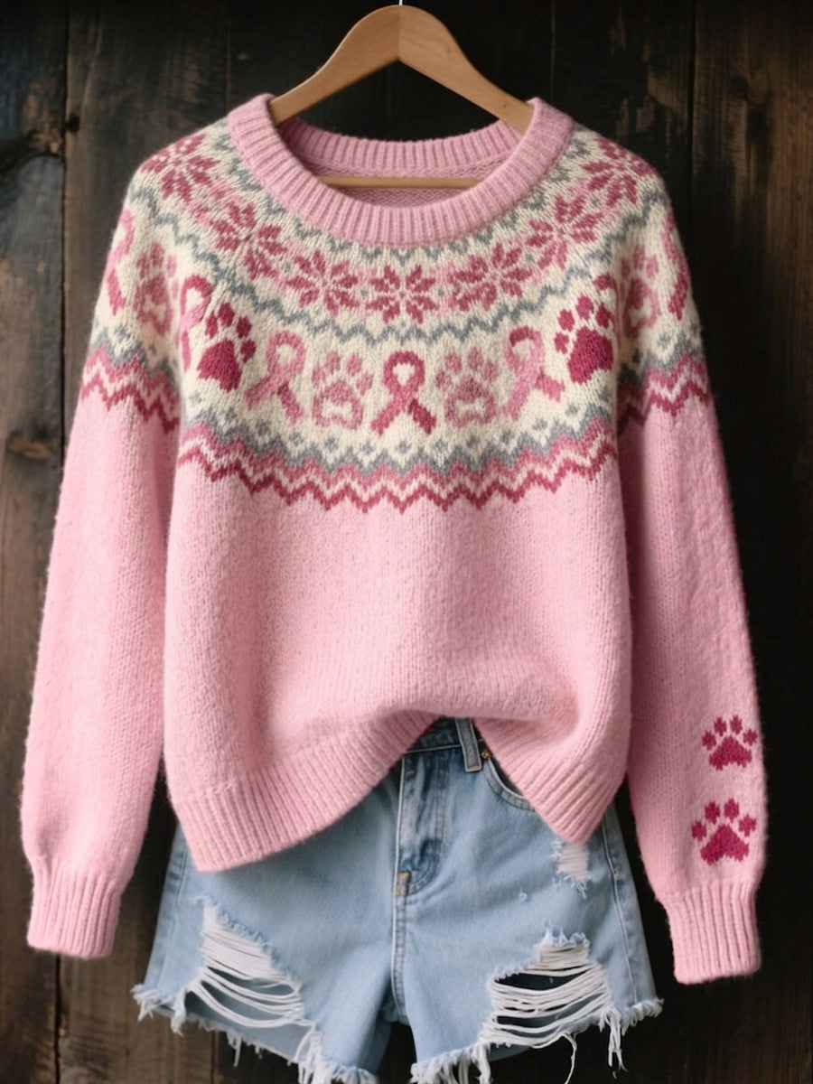 Kvinders Vintage Pink Ribbon & Hunde Paws Isle Mønster Print hyggelig Sweater Print