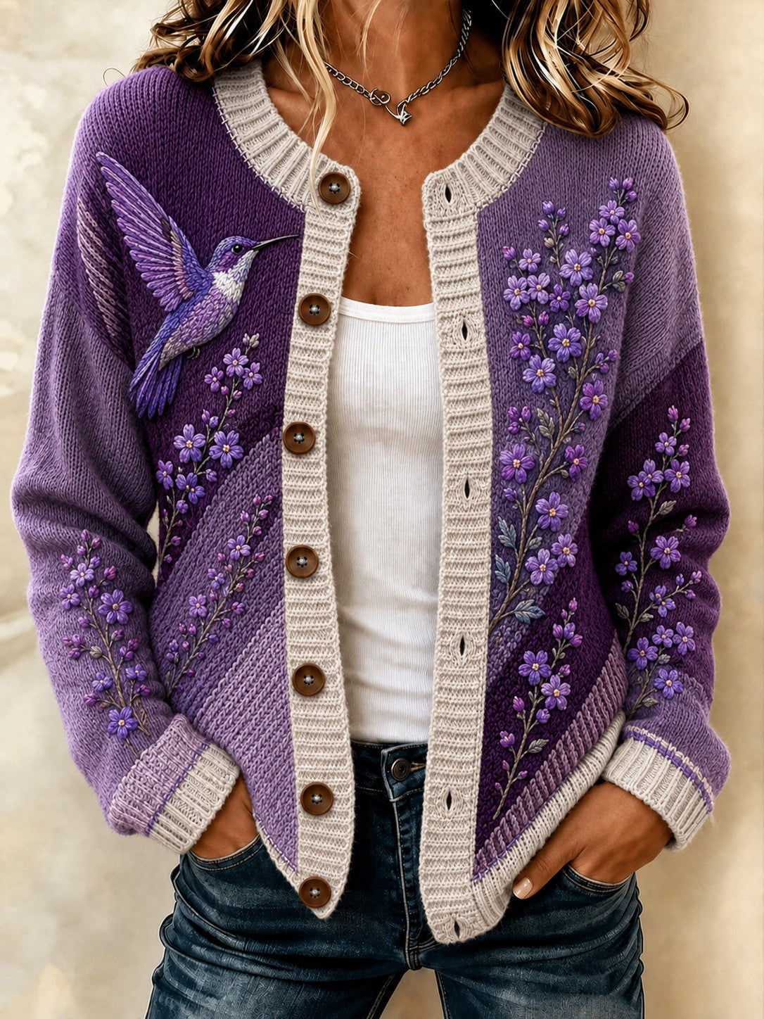 Kvinders Alzheimer-kartoffelblomst-printede hyggelige cardigan