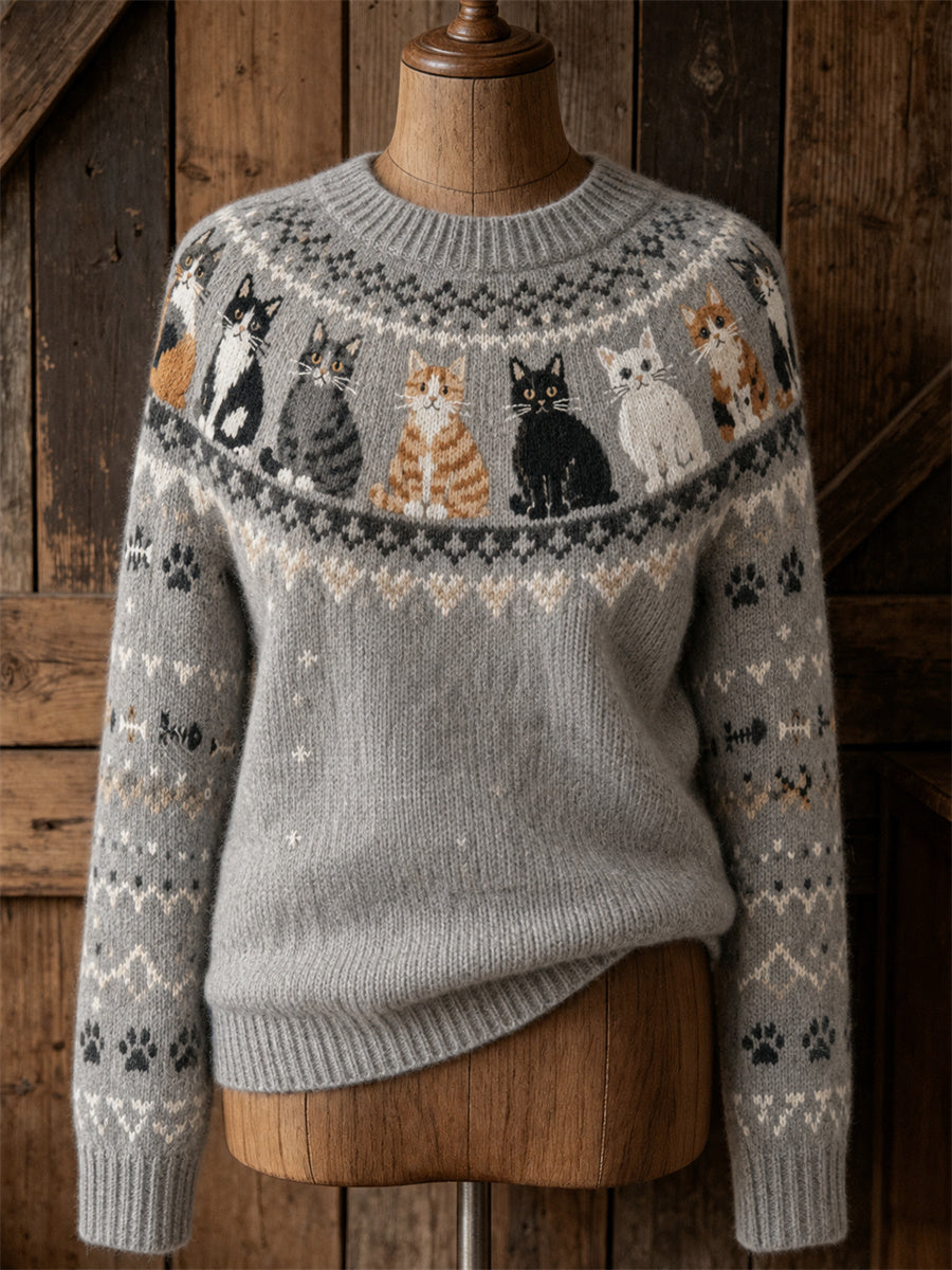 Kvindegenser i vintagestil med katte- og ømønster, behagelig rund hals og blødt strik