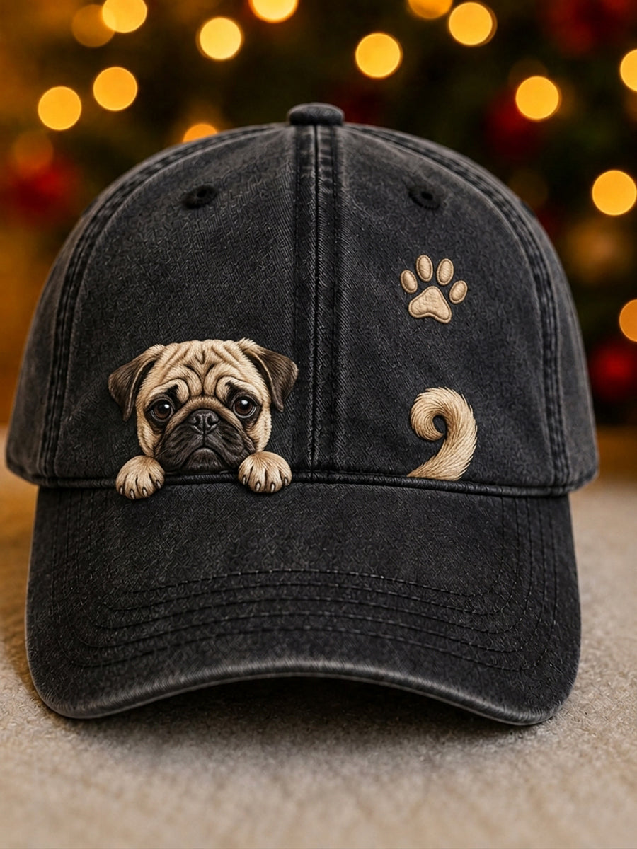 Søde kiggende Pug Dog & Paw Print Vintage Vasket Hat