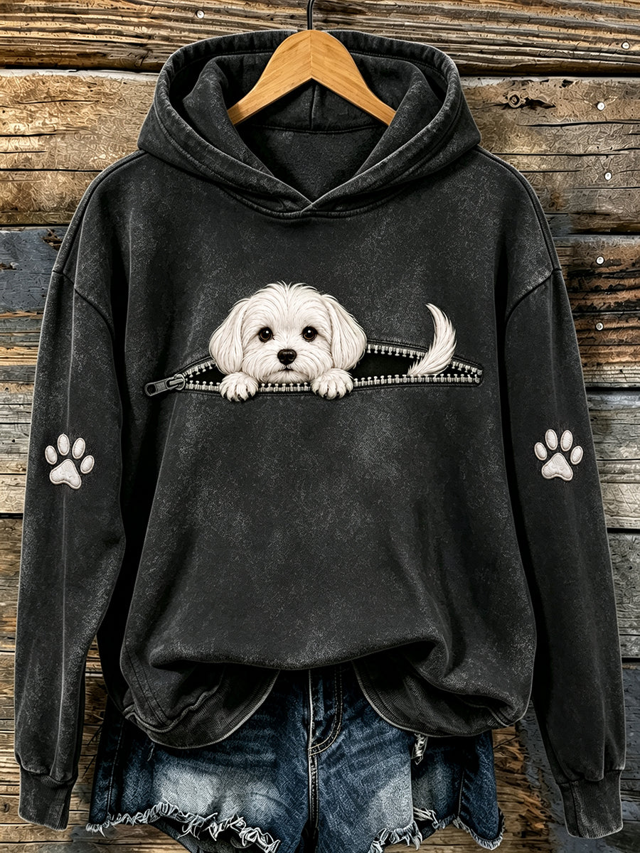 Kvinders søde kiggende maltesisk & Paws Print Hooded sweatshirt