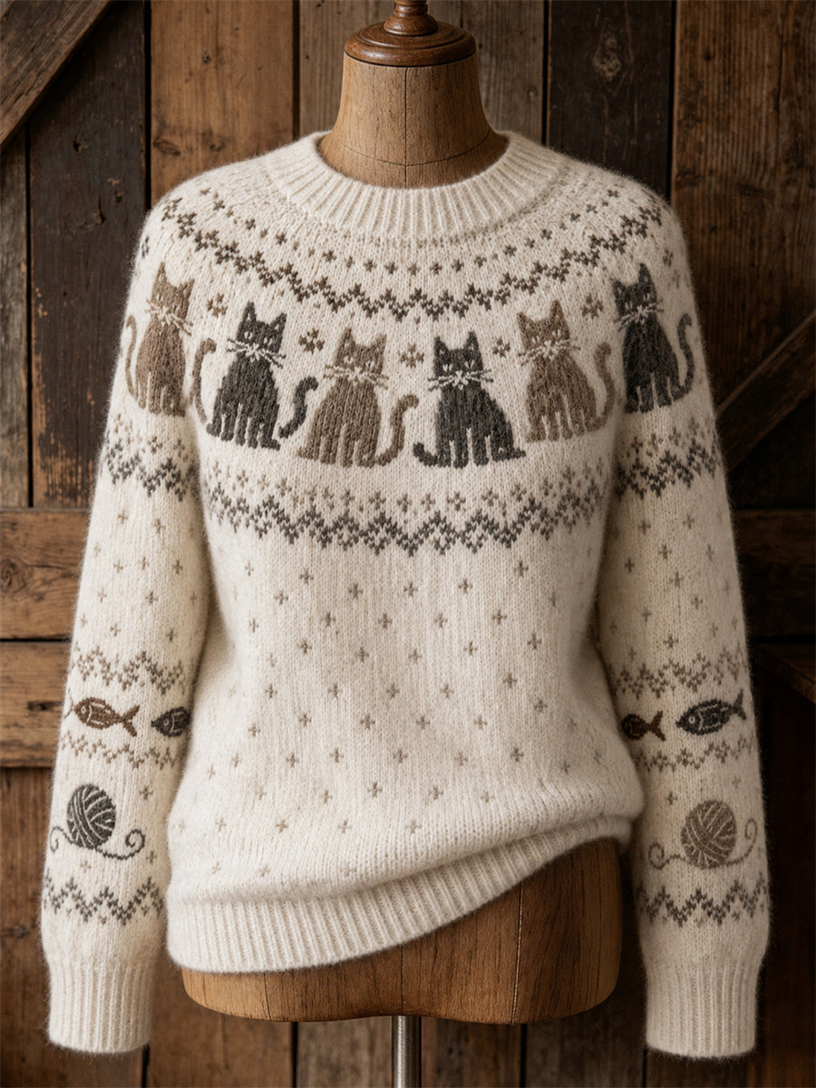 Kvinders Vintage katte Yoke Isle mønster Print Hyggelig besætning hals sweater.