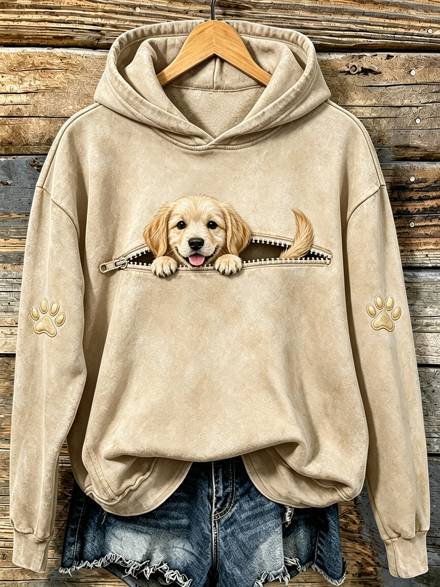 Kvinders søde peeking Golden Retriever & Paws Print hættefuld sweatshirt