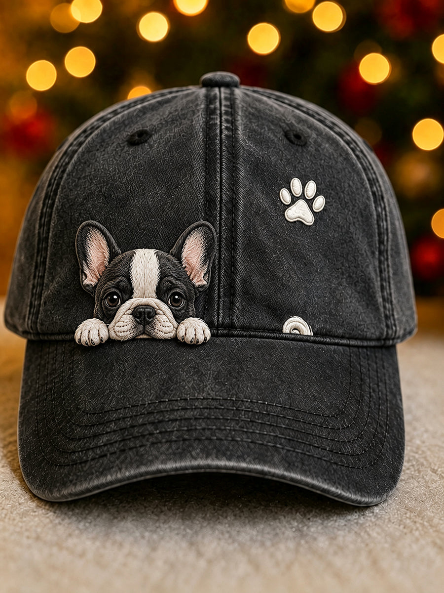 Sød kiggende fransk Bulldog & Paw Print Vintage Vasket Hat
