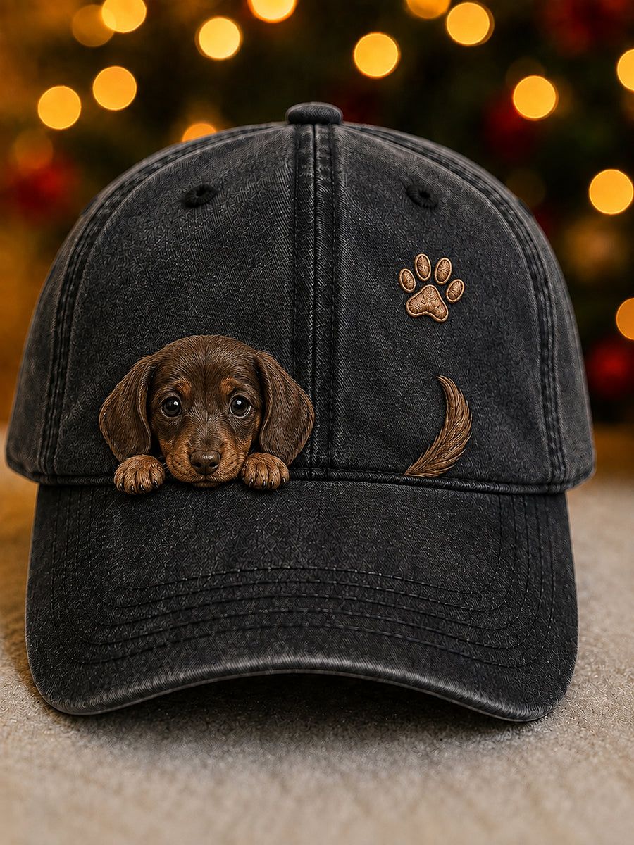Søde kigge hund hund & tas Print Vintage Vasket Hat