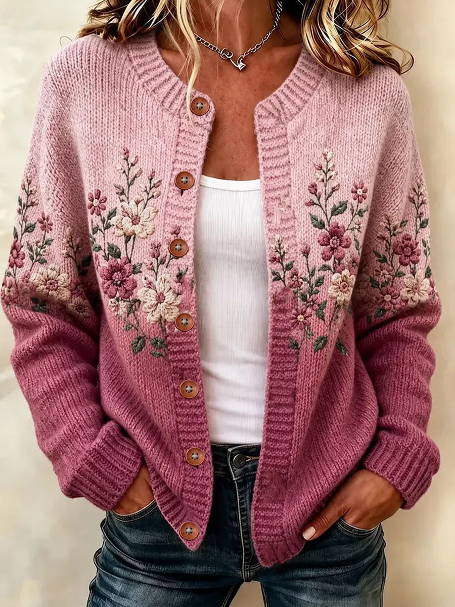 Kvinders lyserøde blomster Cardigan-stil strikke jakken