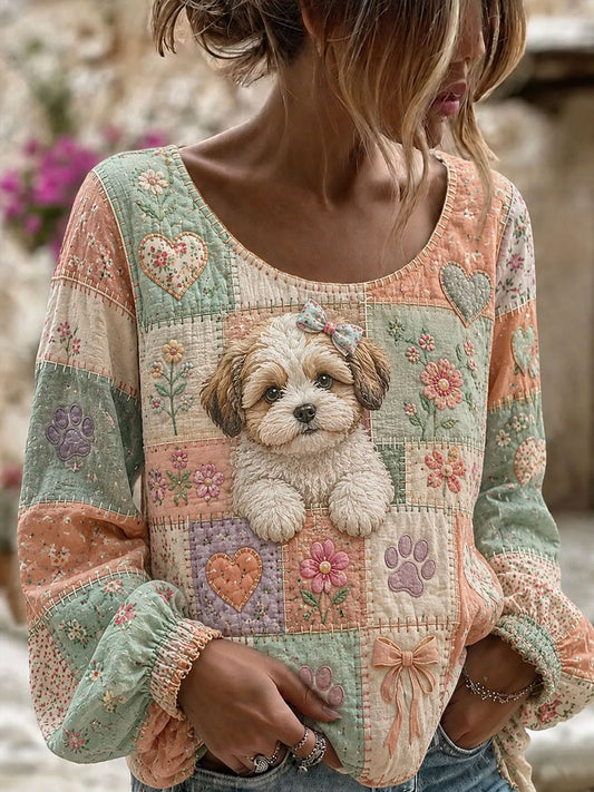 Kvinders søde patchwork hund Print Casual toppen hunde