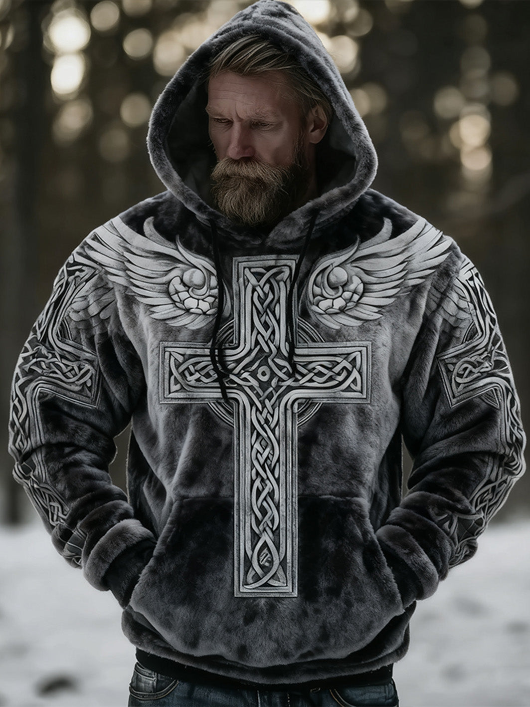 Mænds retro viking-keltsk mønsterdesign afslappet flanell-hættetrøje