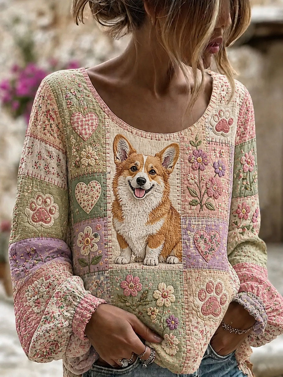 Kvinders søde Patchwork Corgi Print Casual Top Casual Top Caser