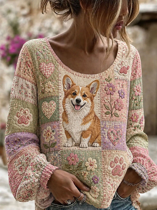 Kvinders søde Patchwork Corgi Print Casual Top Casual Top Caser