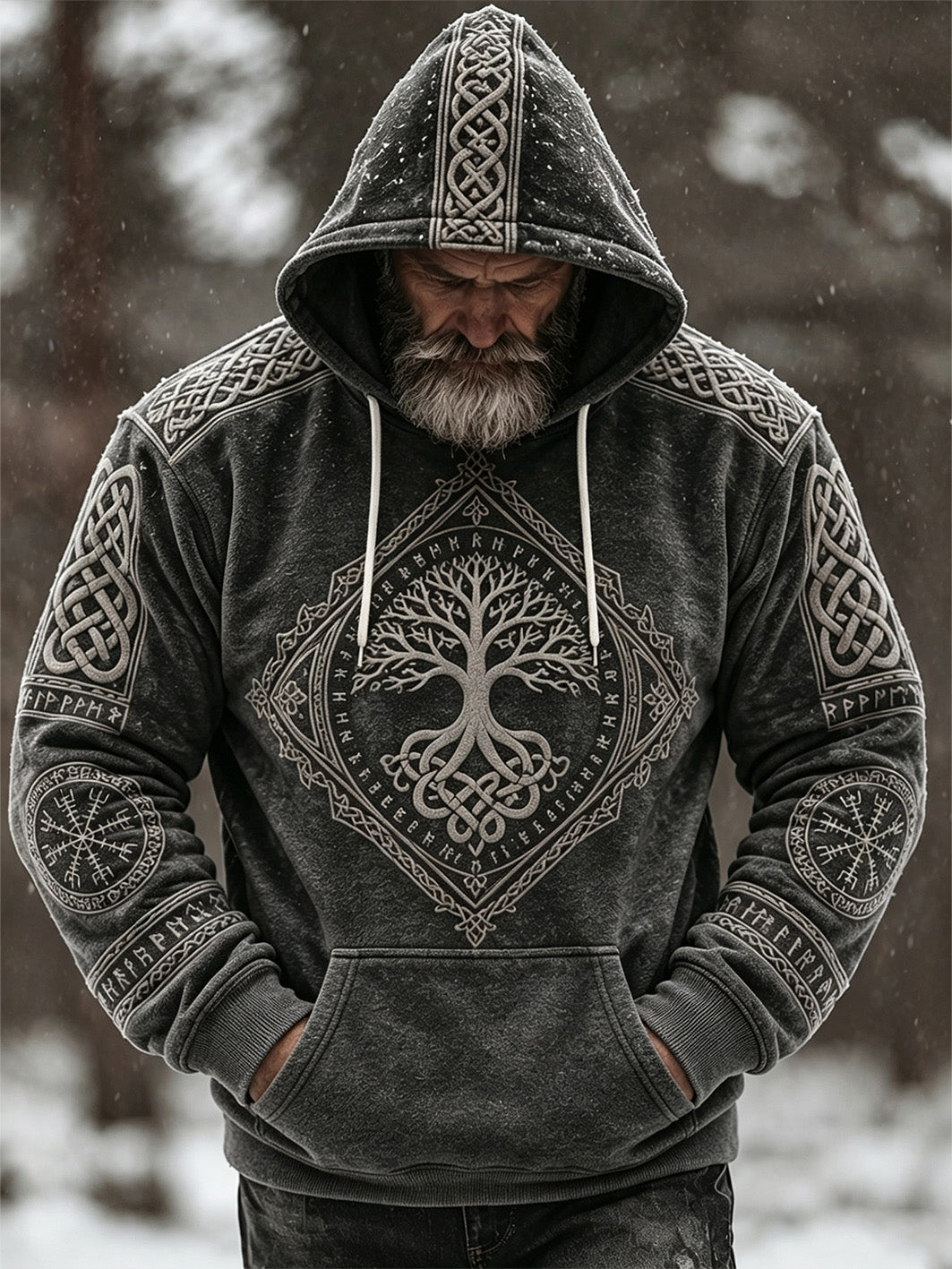 Mænds retro viking-keltsk mønsterdesign afslappet flanell-hættetrøje