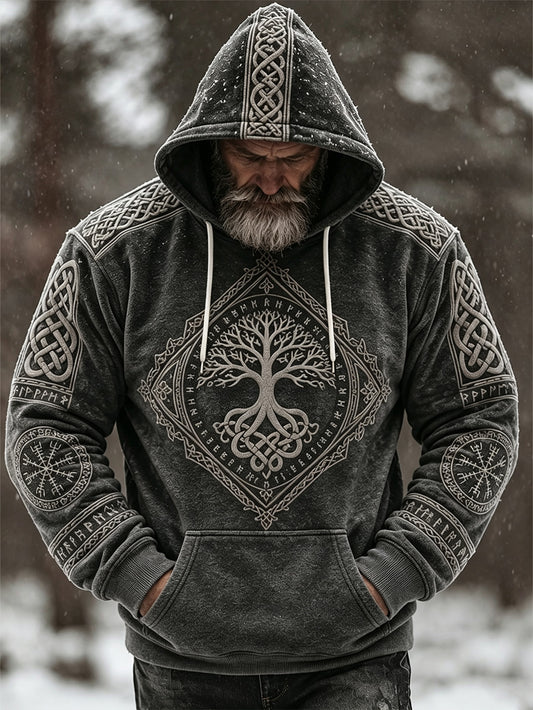 Mænds retro viking-keltsk mønsterdesign afslappet flanell-hættetrøje