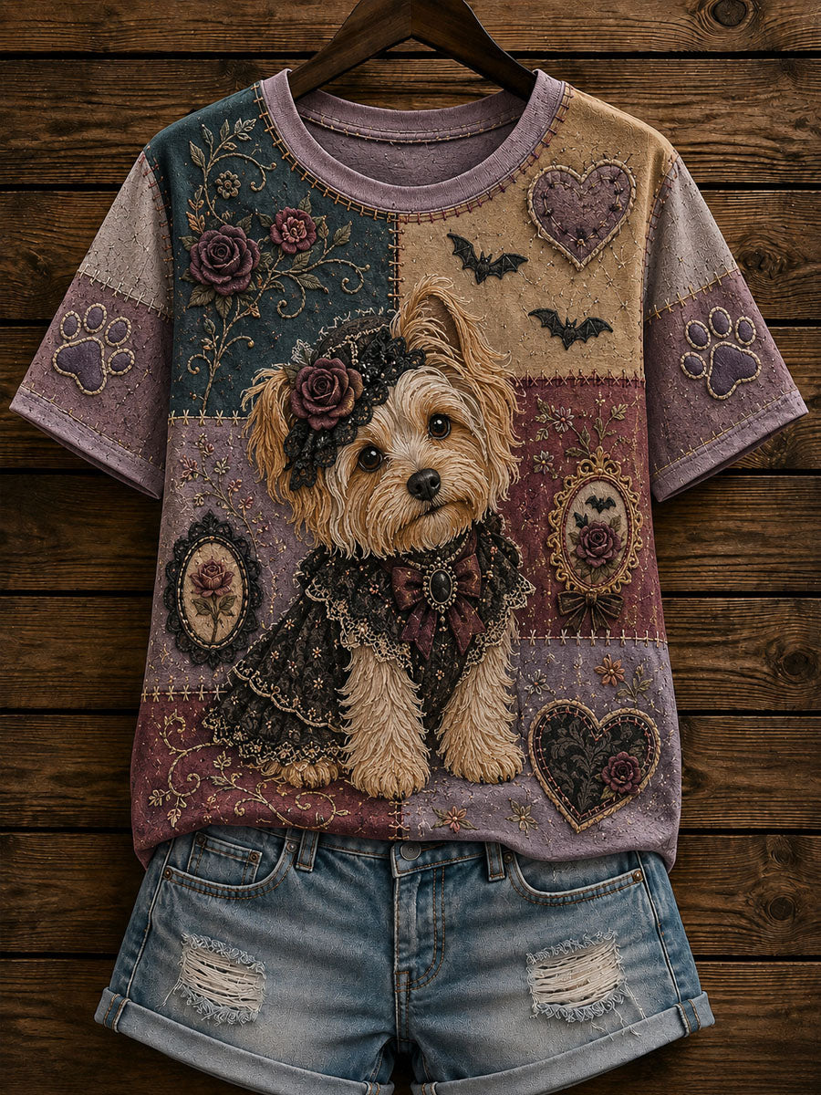 Kvinders Gothic Patchwork hund Print Casual T-shirt