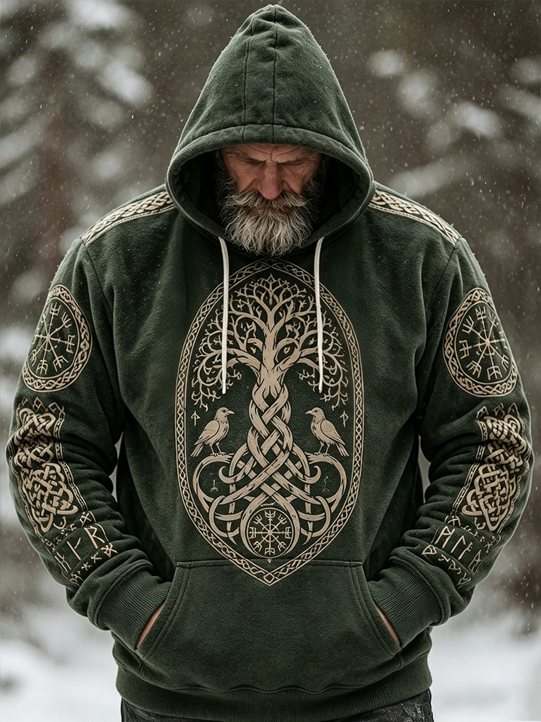 Mænds retro viking-keltsk mønsterdesign afslappet flanell-hættetrøje