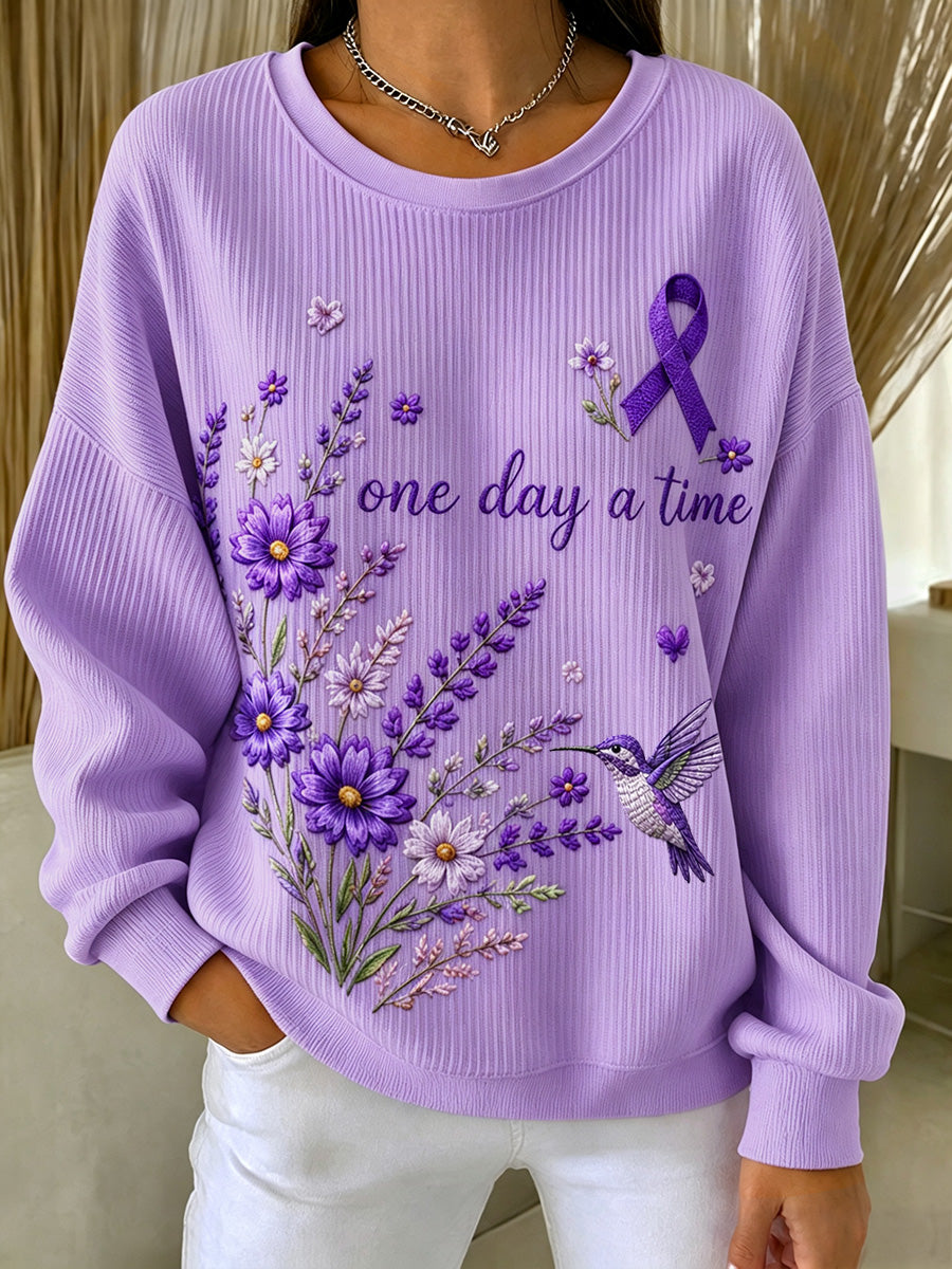 Kvinders lilla blomster & Alzheimers bevidsthed Support Print Ribbed Round-Hack Sweatshirt