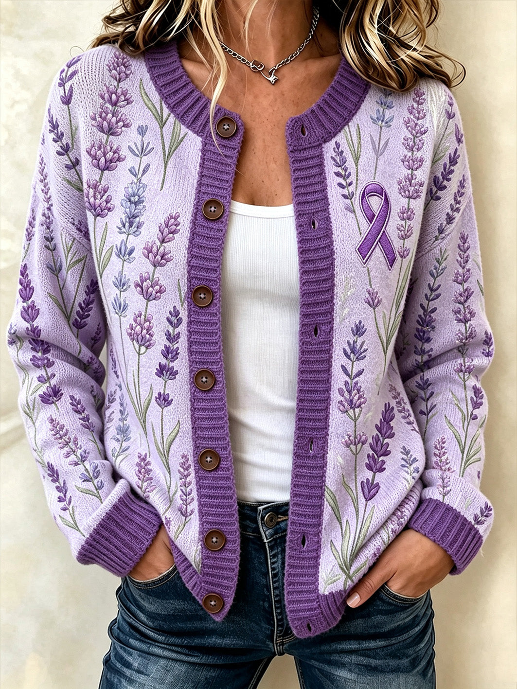 Kvinder lilla blomster og lilla velgørenhed bånd mønster design afslappet cardigan-stil strikke jakken