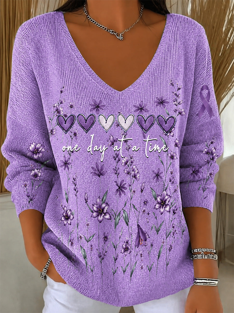 Kvinders lilla blomster & Alzheimers opmærksomhed Support Print V-Neck Ribbed Toppe