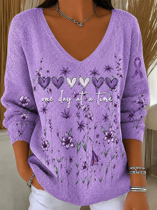 Kvinders lilla blomster & Alzheimers opmærksomhed Support Print V-Neck Ribbed Toppe
